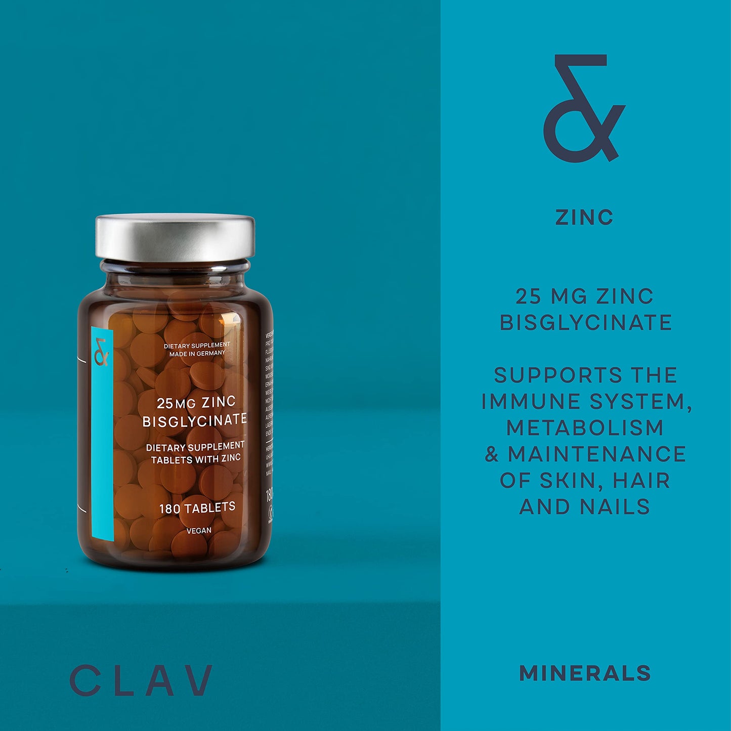 CLAV Zinc 25mg Vegan Certified - 180 Elemental Zinc Tablets in a Jar (6 Months Supply) - High Strength Zinc Bisglycinate Mineral Supplement - Supports Immune System, Hair, Skin & Nails for Women & Men