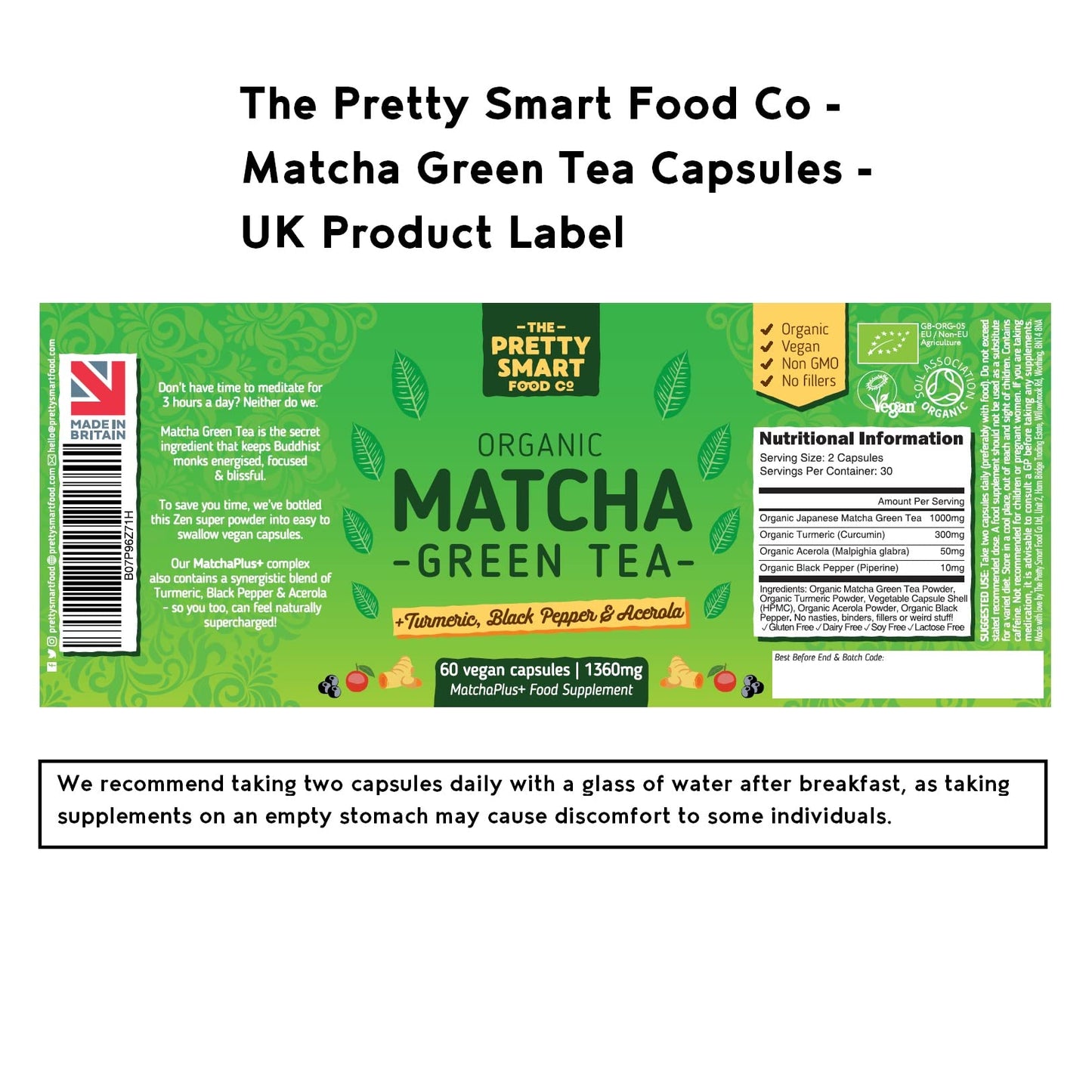 Green Tea Extract Capsules - Organic Matcha Green Tea Tablets - Boosted with Turmeric, Acerola Cherry & Black Pepper - 1360MG Complex - Green Tea Supplement - 60 Capsules - UK Made