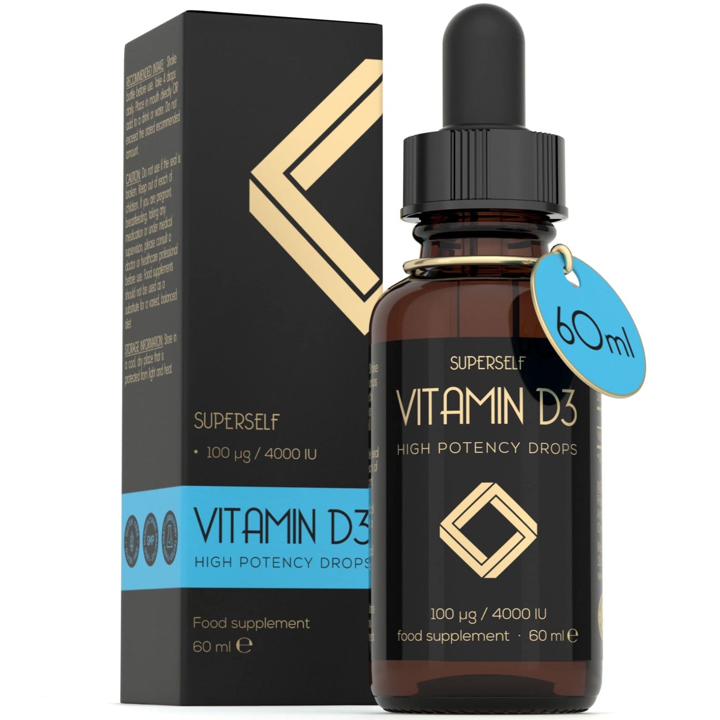 SuperSelf Vitamin D Drops - Vitamin D3 4000 IU Liquid for Adults - 60ml 1200 Drops - High Strength & Absorption Supplement for Strong Bones, Teeth, Immune System - Vit D 1000IU per 1 Drop - UK Made & Vegetarian
