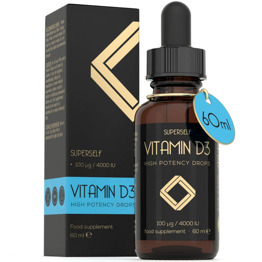 SuperSelf Vitamin D Drops - Vitamin D3 4000 IU Liquid for Adults - 60ml 1200 Drops - High Strength & Absorption Supplement for Strong Bones, Teeth, Immune System - Vit D 1000IU per 1 Drop - UK Made & Vegetarian