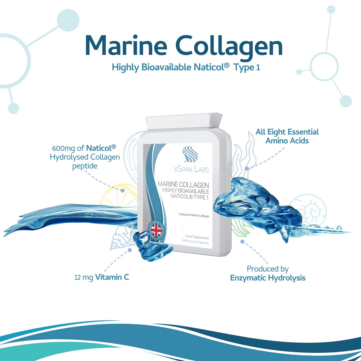 Marine Collagen 600mg 60 Capsules - Highly Bioavailable Naticol® Type 1 Produced by enzymatic hydrolysis ensuring The Highest Levels of oligopeptides with Maximum Purity