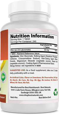 Best Naturals Zinc Supplement as Zinc Gluconate 50mg 240 Tablets