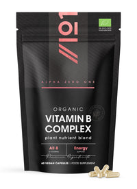ALPHA01 Organic Vitamin B Complex – 100% Plant Based Blend - 60 Vegan Capsules – All 8 B Vitamins – Energy Support – Resealable and Recyclable Pouch by Alpha01