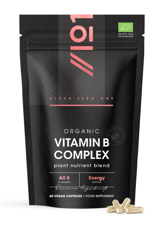 ALPHA01 Organic Vitamin B Complex – 100% Plant Based Blend - 60 Vegan Capsules – All 8 B Vitamins – Energy Support – Resealable and Recyclable Pouch by Alpha01