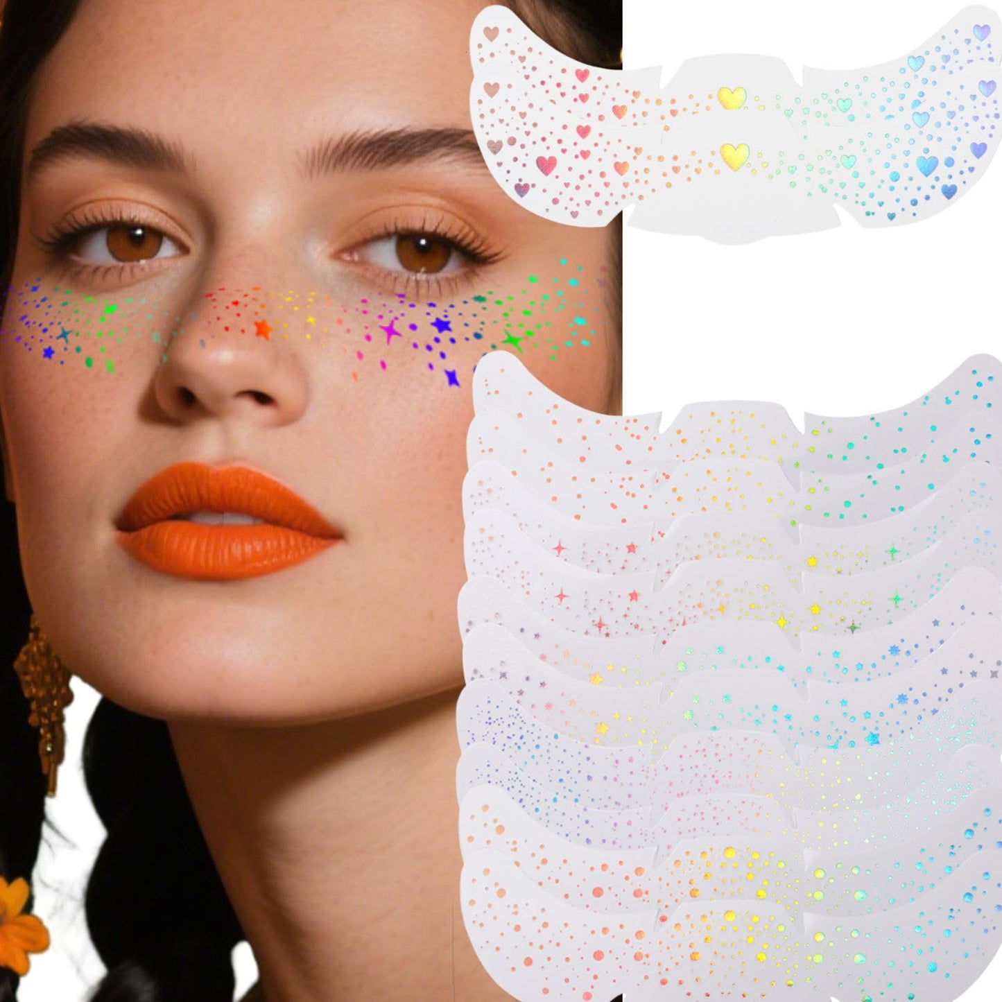 SHEBEEDO 12Pcs Glitter Freckles Face Tattoo,6 Styles Holographic Multichrome Glitter Freckle Face Tattoo,Waterproof Sparkle Temporary Tattoo Cute Star Patches for Festival Rave Makeup Accessories