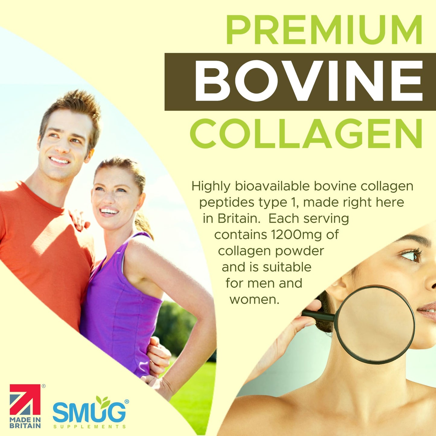 Bovine Collagen British Made by SMUG Supplements - 90 Capsules - Type 1 Peptides - 1200mg Daily Serving of Collagen Powder in Three-a-Day Capsules - 30 Day Supply - Suitable for Both Men and Women
