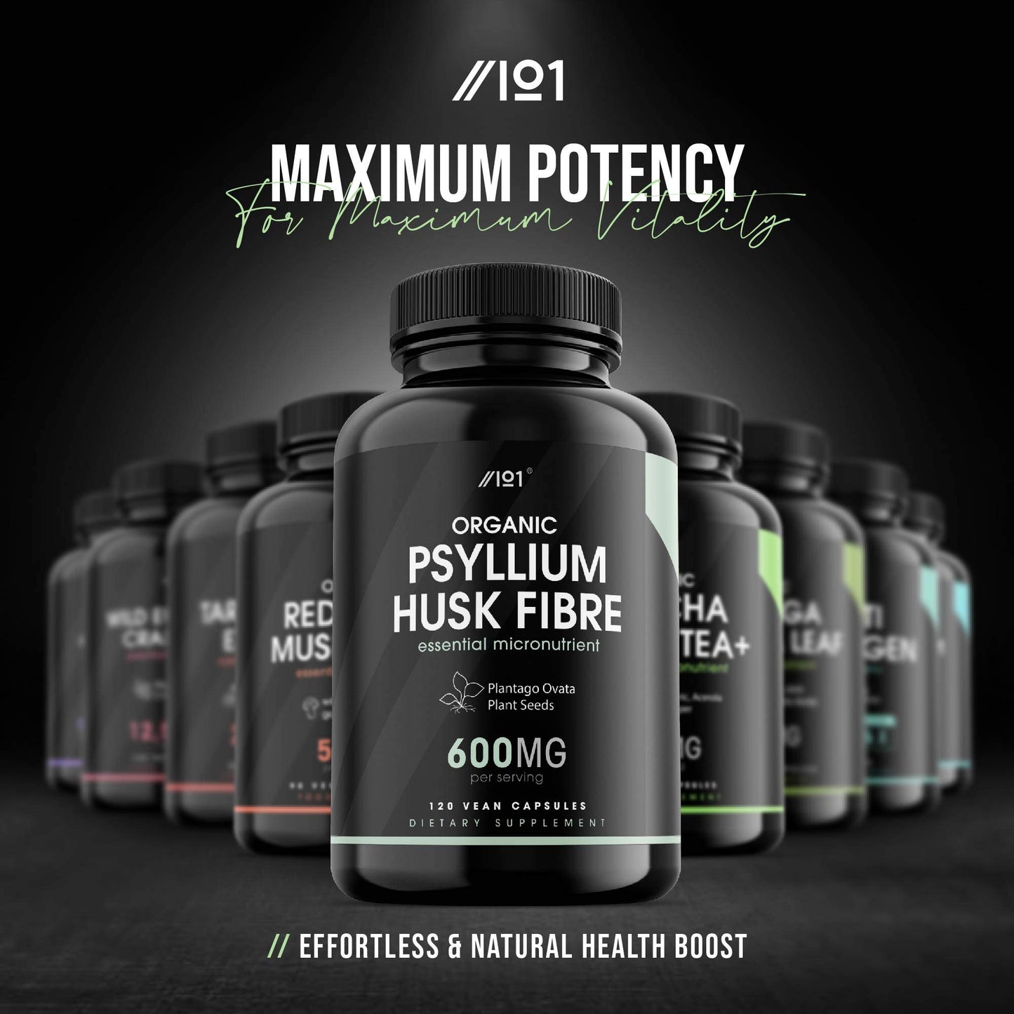 ALPHA01 Organic Psyllium Husk Fibre 600mg - 4 Months Supply - Natural Prebiotic Fibre Supplement from Raw Plantago Ovata Seeds - 120 Vegan Capsules