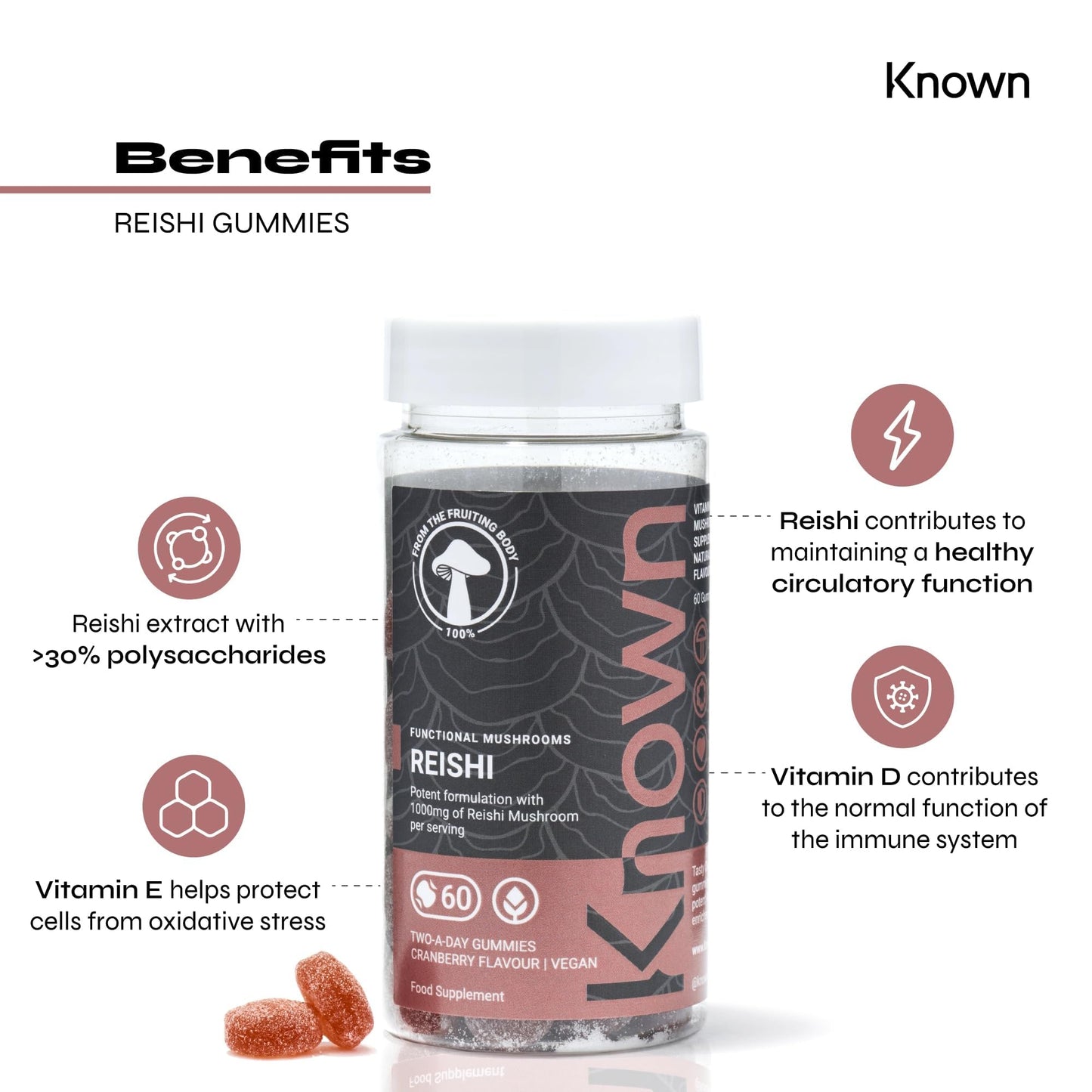 Reishi 1000mg Mushroom Gummies by Known Nutrition | Natural Immune Support | Delicious Natural Cranberry Flavour | 60 Two-a-Day Vegan Gummies (One Month’s Supply)