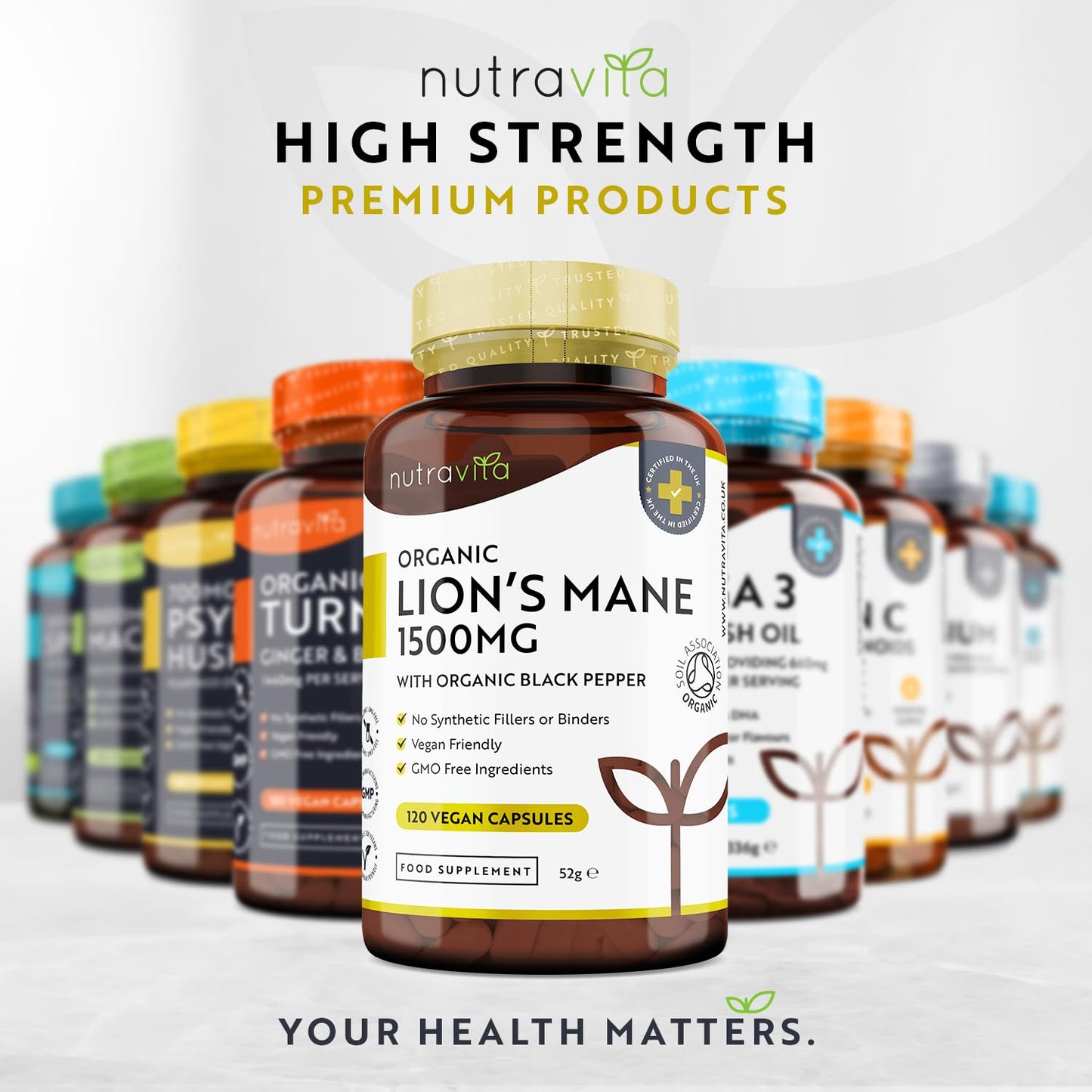 Organic Lions Mane Mushroom 1500mg - 120 High Strength Vegan Capsules (Not Powder) - Lions Mane Supplement with Organic Black Pepper - Made in The UK by Nutravita