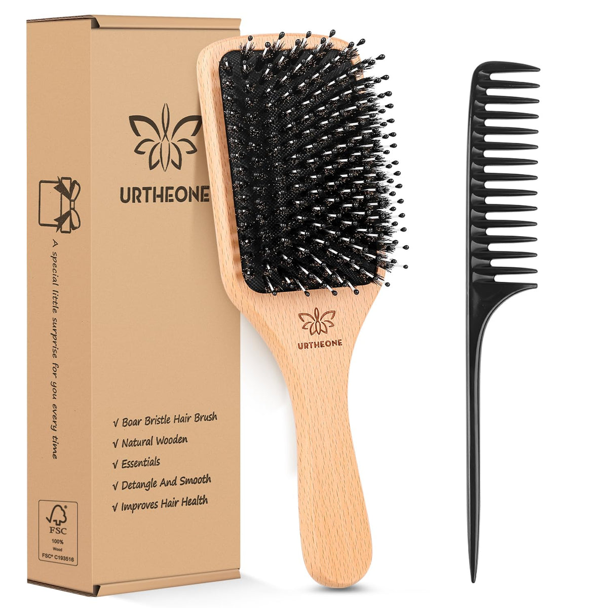 URTHEONE Hair Brush Boar Bristle Hairbrush for Thick Curly Thin Long Short Wet or Dry Hair Adds Shine and Makes Hair Smooth, Best Paddle Hair Brushes and Comb Set for Men Women Kids