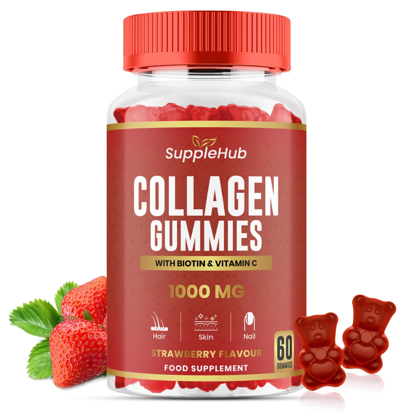 SuppleHub Collagen Gummies 1000mg - Hydrolysed Collagen Peptides with Biotin & Vitamin C - Collagen Supplements for Women & Men - Skin, Hair, Nails & Joint - Strawberry Flavour - 60 Gummies/Bottle