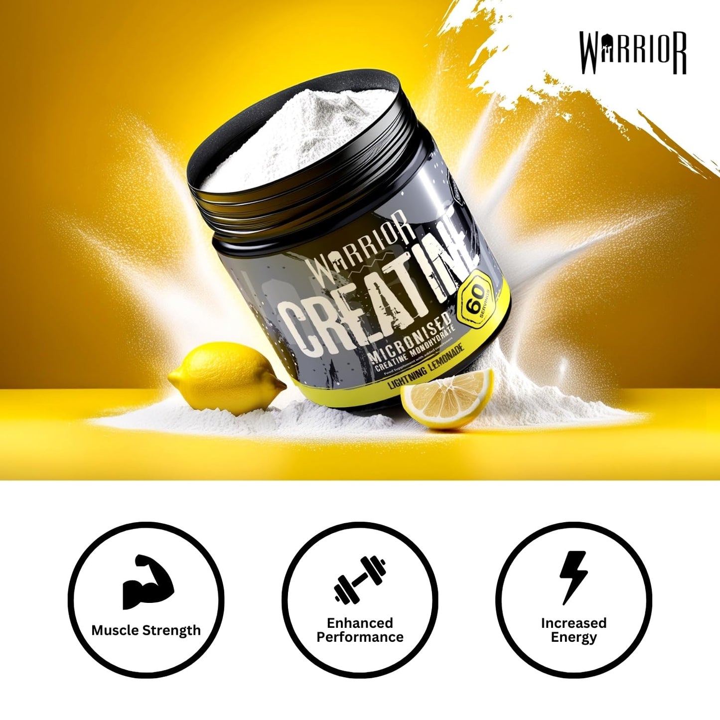 Warrior Creatine Monohydrate Powder 300g – Micronised – Proven to Improve Physical Performance and Recovery, 5g Servings (Lightning Lemonade)