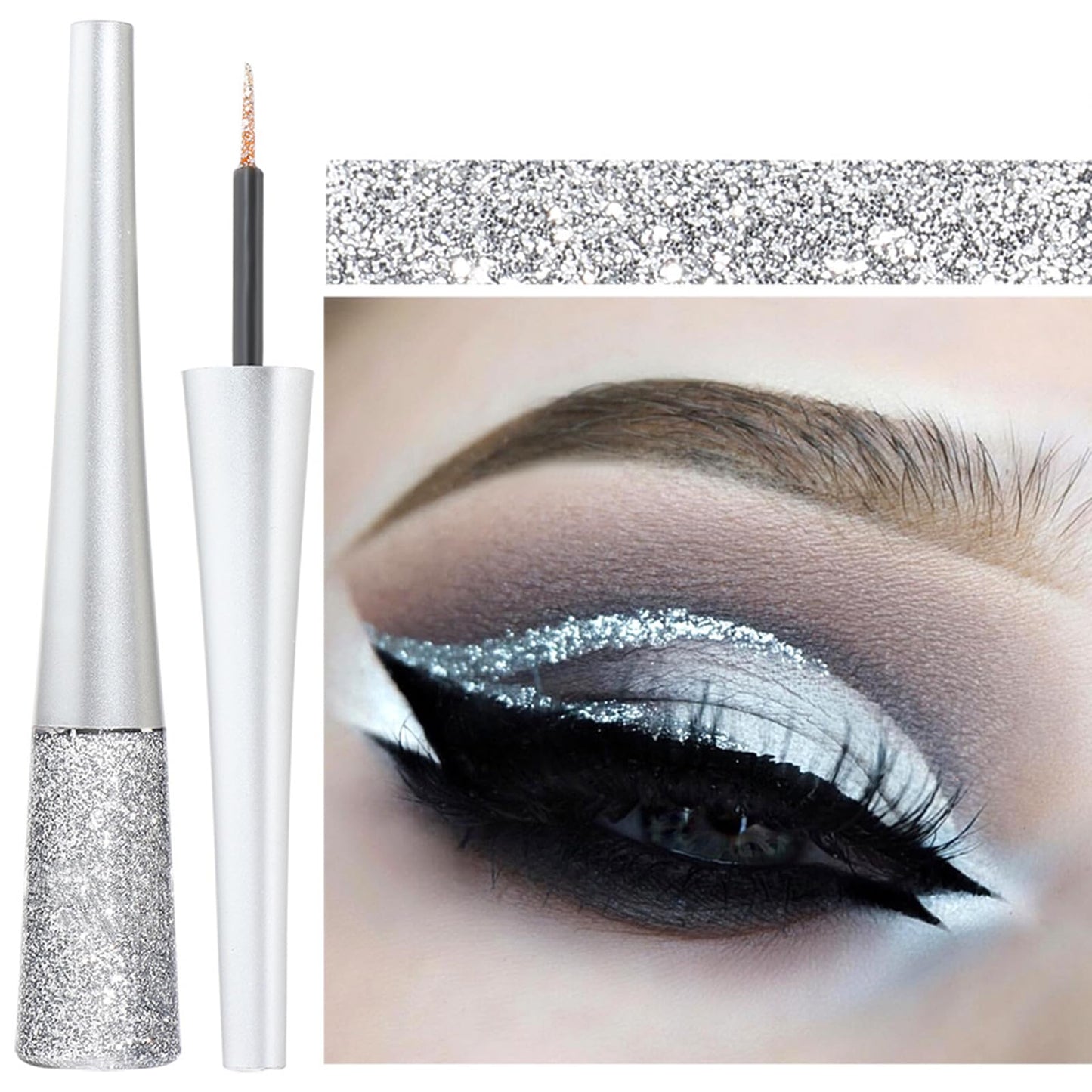 QUIWEN Glitter Eyeliner, Glitter Eye Silver, Liquid Glitter Eyeshadow, Waterproof Sparkle Long-Lasting Smudge-proof Liquid Eye Liners, Quick Dry Shimmer White Silver Beauty Makeup For Women (Silver)