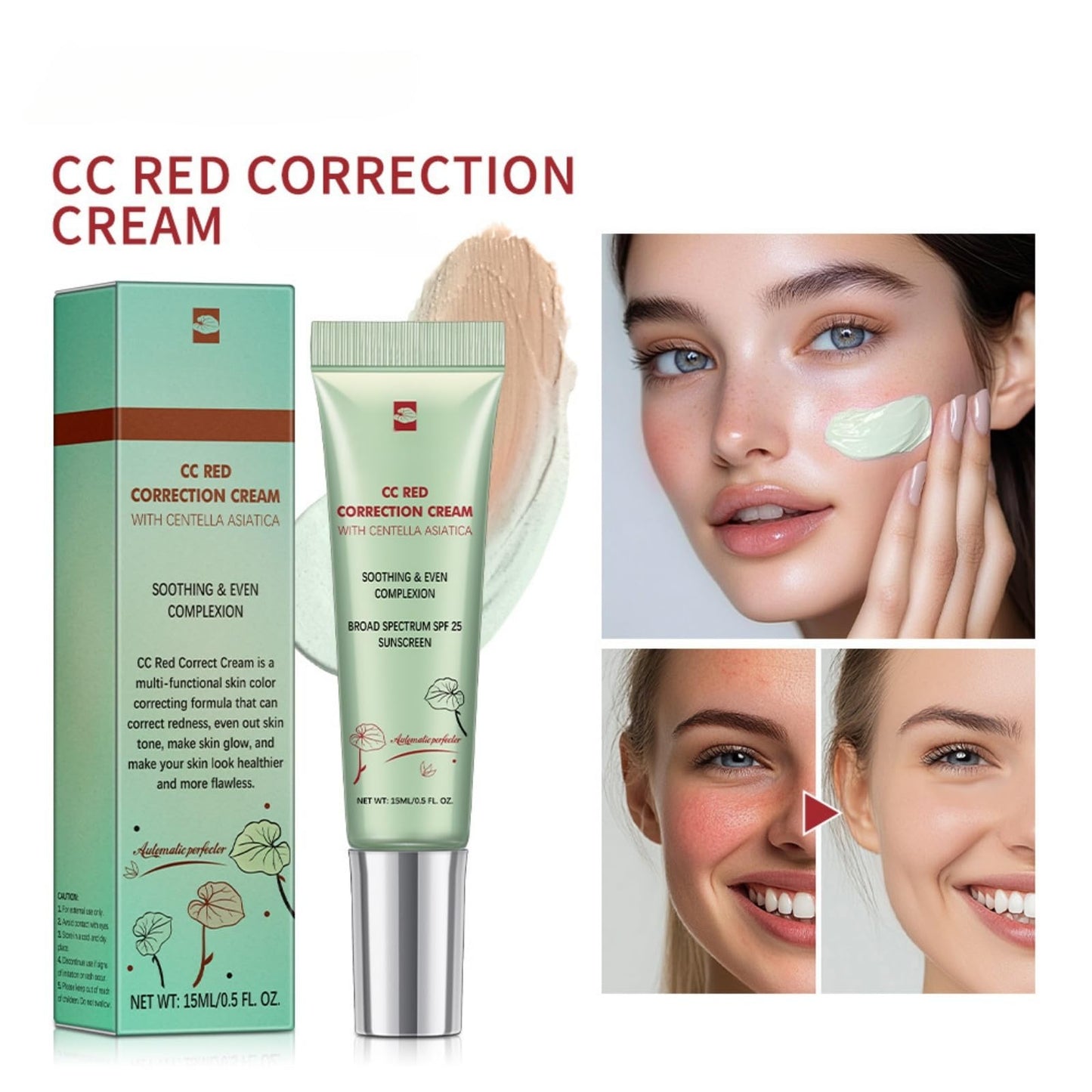 GUOUURR 【Green Colour Corrector CC Cream with Anti-Redness Concealer】Lightweight Face Primer to Neutralise Redness & Even Skin Tone, Vegan & Cruelty-Free Formula (15ml)