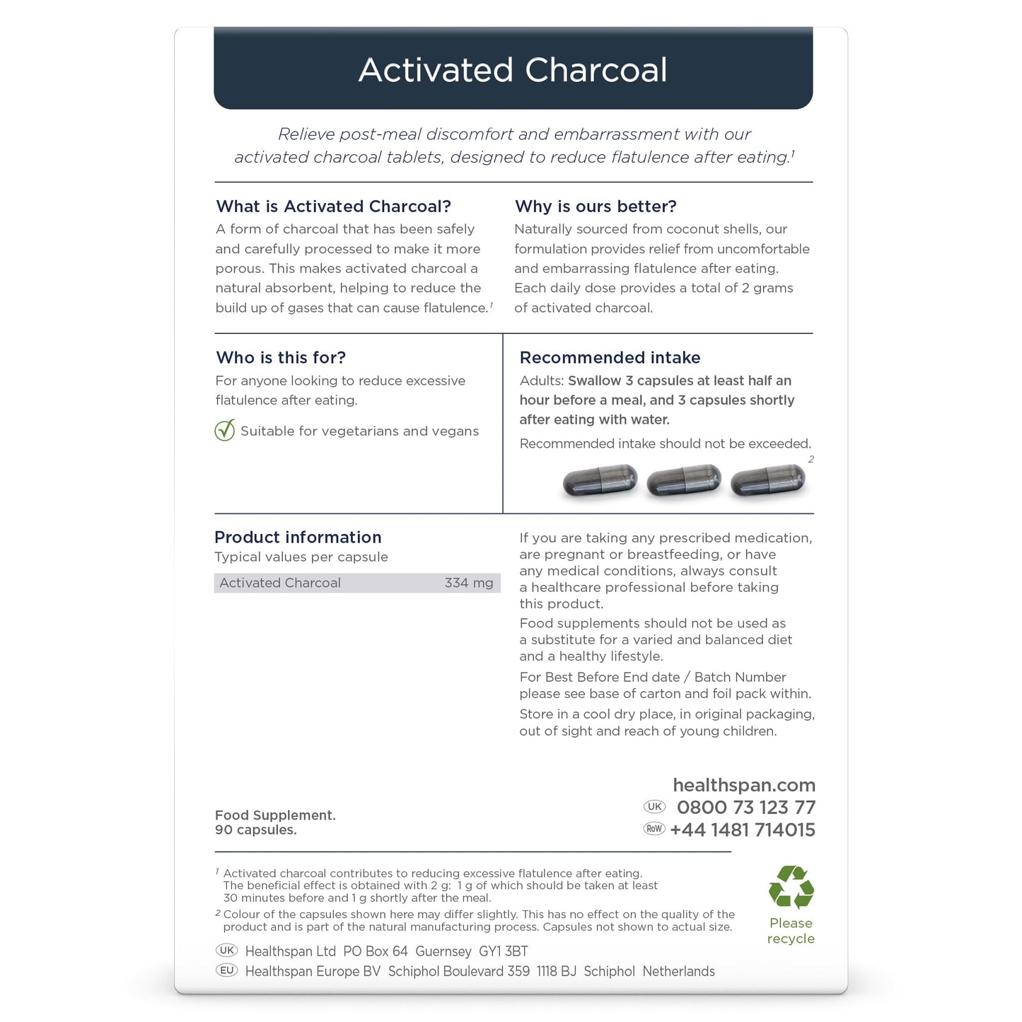 Healthspan Activated Charcoal (90 Capsules) | Contributes to Reduced Flatulence After Eating | 334mg Activated Charcoal per Capsule | Natural Source from Coconut Shells | Vegan