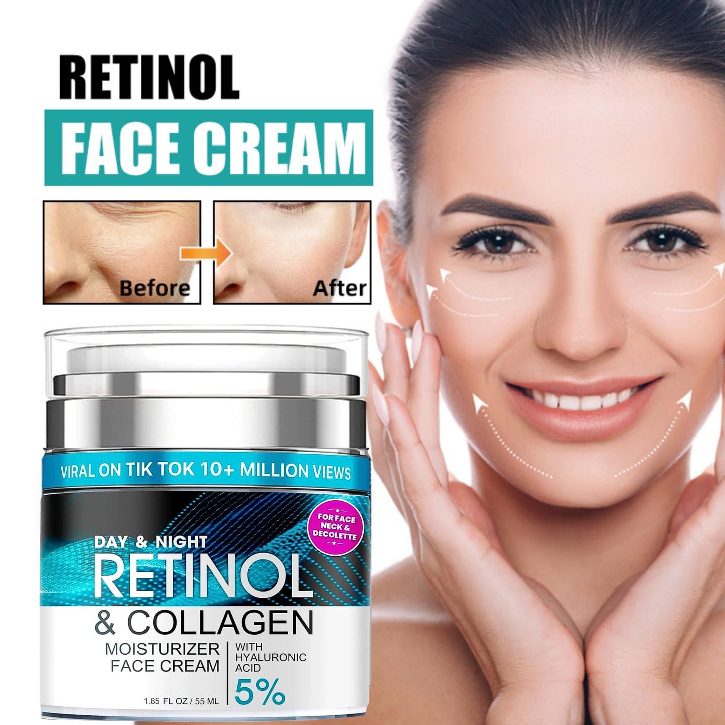 Trendyfave Retinol Cream for Face, Advanced Retinol Collagen Cream for Face with 5% Hyaluronic Acid, Anti-Aging Retinol Cream, Anti-Wrinkle, Reduce Fine Lines Lifting and Firming Cream, 24-Hour Face Care 55ml