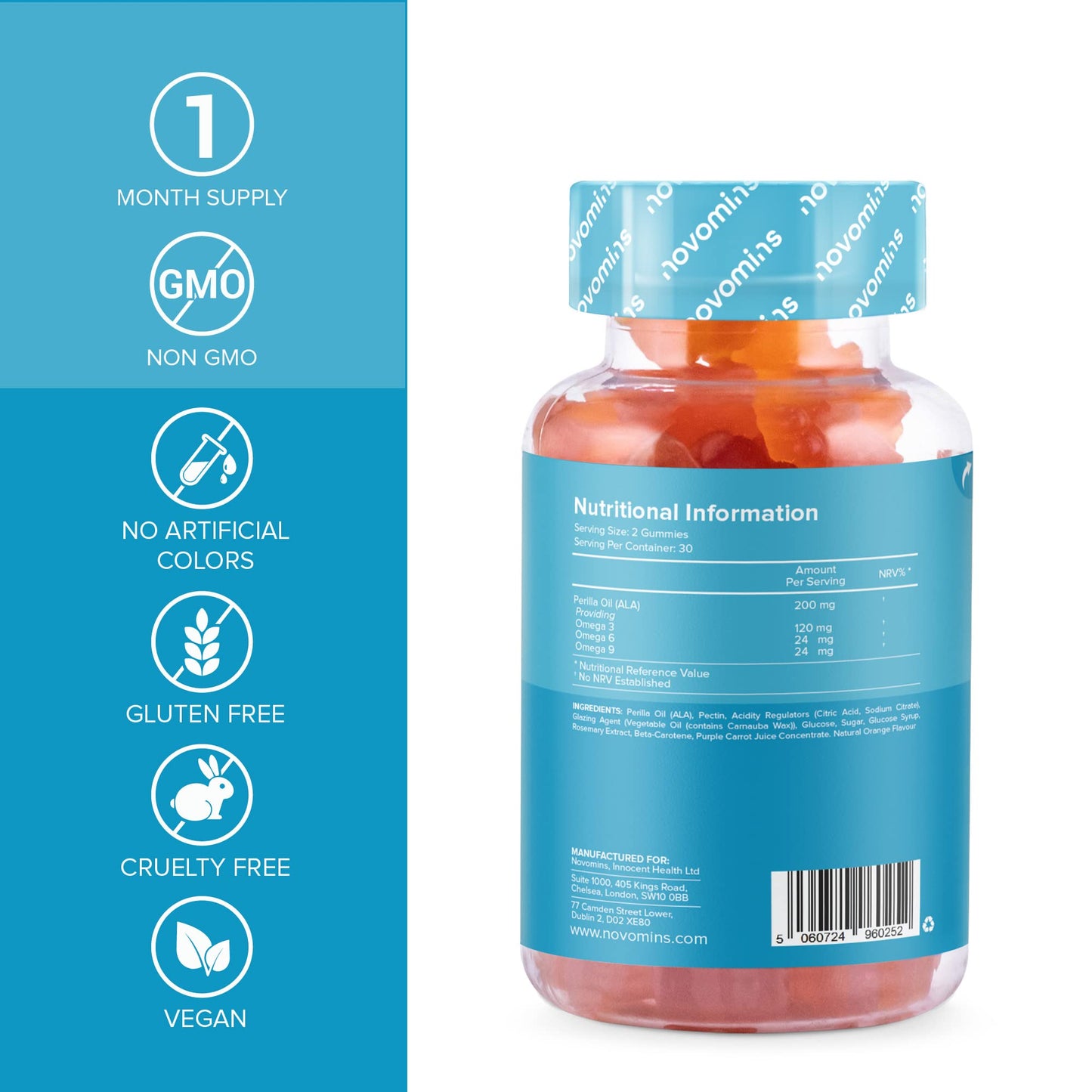 Omega 3 Gummies - Vegan - 1 Month Supply – Supports Heart, Brain & Eye Health - Vegan & Vegetarian - Chewable Omega 3 6 9 – Sustainable Plant Based Alternative to Fish Oil - Made by Novomins
