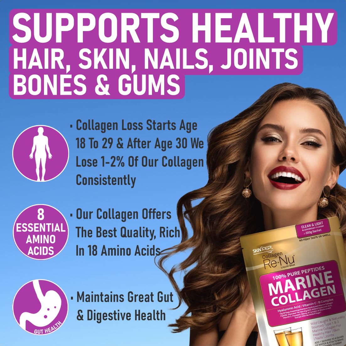 Premium Hydrolysed Marine Collagen Peptide Powder + VIT C, B Complex Hyaluronic Acid, & Stevia. Delicious Taste/No Fishy Smell - SkinPep® Collagen Re-Nu 70g