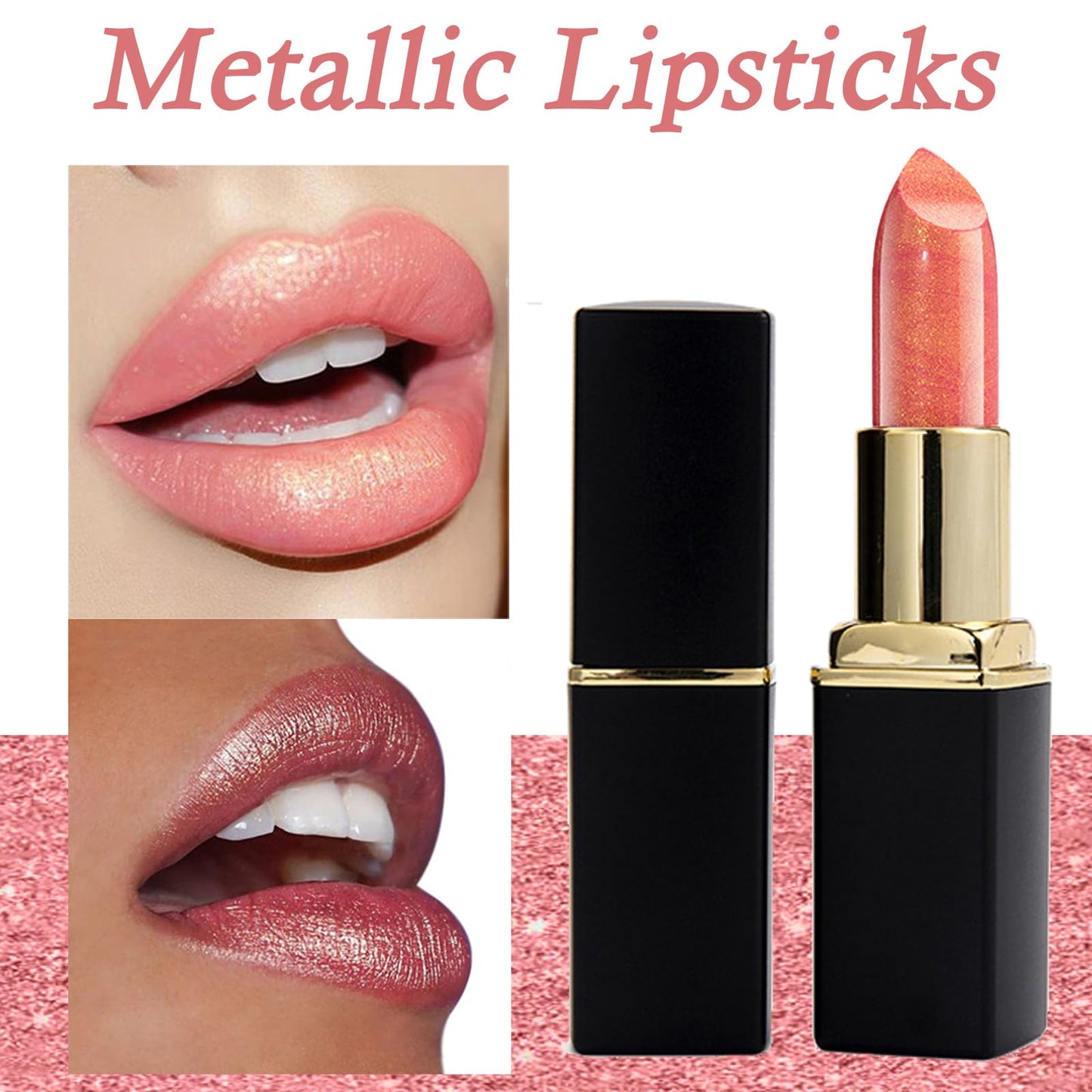 GEEWHILE Lipstick, Glitter Metallic Lipstick, Shimmer Non-Stick Cup Pink Lipstick, Long Lasting, Waterproof Hydrating Lip Stick Lip Gloss, Not Fade Non Drying Lipstick for Girls Women