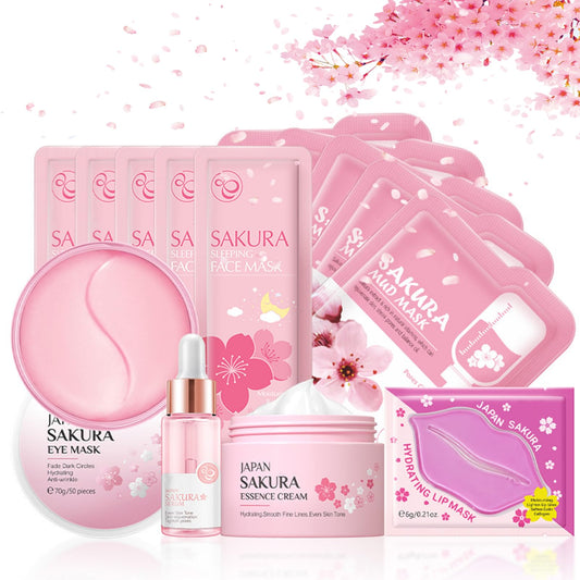 Skin Care For Teenage Girls,Cherry Blossom Skincare Sets Teen Skincare Set, Pamper Sets For Women Gifts,Skin Care Sets & Kits Face Serum,Face Cream,Sleep Mask,Eye Mask,Mud Mask,Lip Mask (SetA)