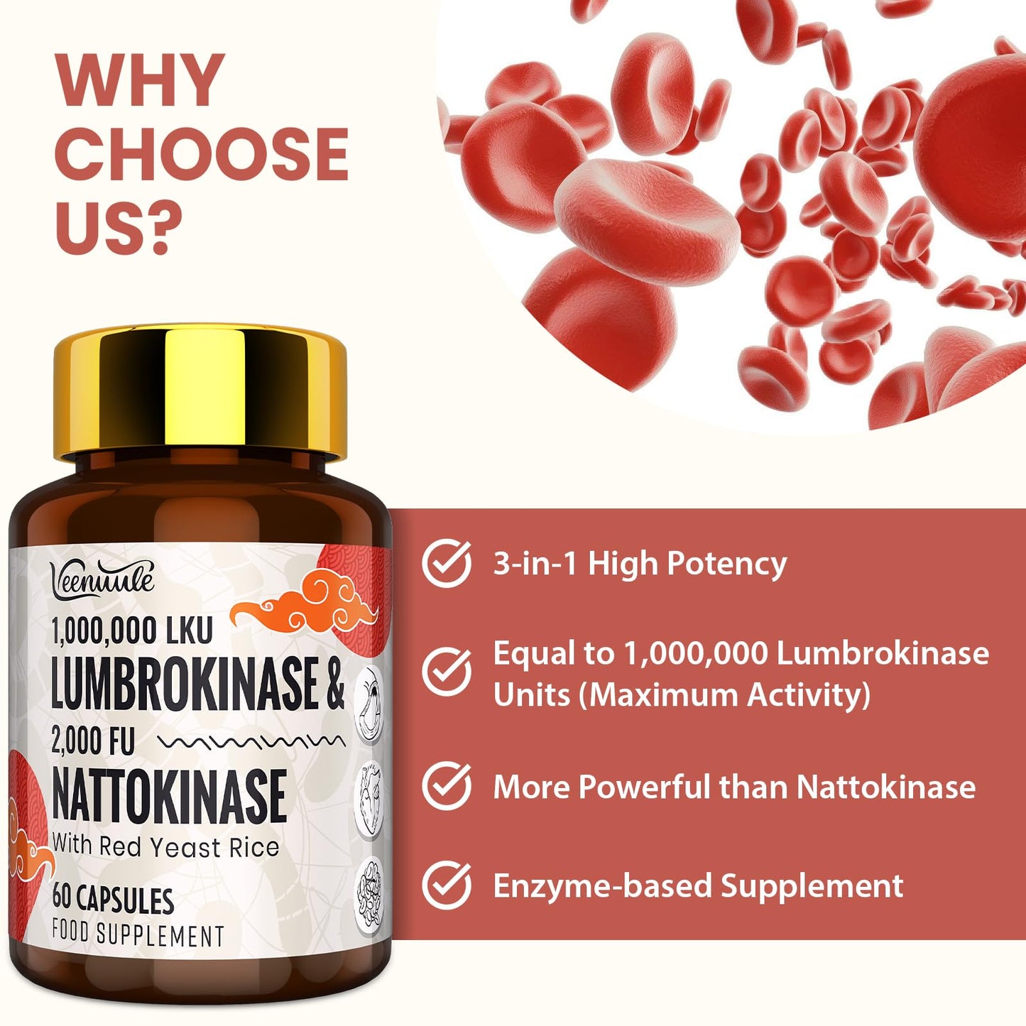 Veenuule Lumbrokinase Supplement 100mg │ Maximum Activity - 1,000,000 LKU │ Lumbrokinase Capsules with Nattokinase 100mg 2000 FU for Blood Circulation and Cardiovascular Health, 60 Capsules