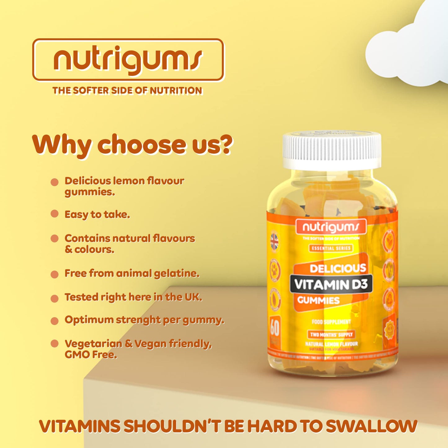 Vitamin D3 | 60 Lemon Flavour Gummies | Two Month Supply | 1000iu High Strength for Immune, Bones & Muscle Support | Suitable for 12+ Years by NUTRIGUMS®