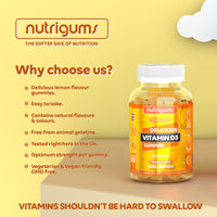 Vitamin D3 | 60 Lemon Flavour Gummies | Two Month Supply | 1000iu High Strength for Immune, Bones & Muscle Support | Suitable for 12+ Years by NUTRIGUMS®