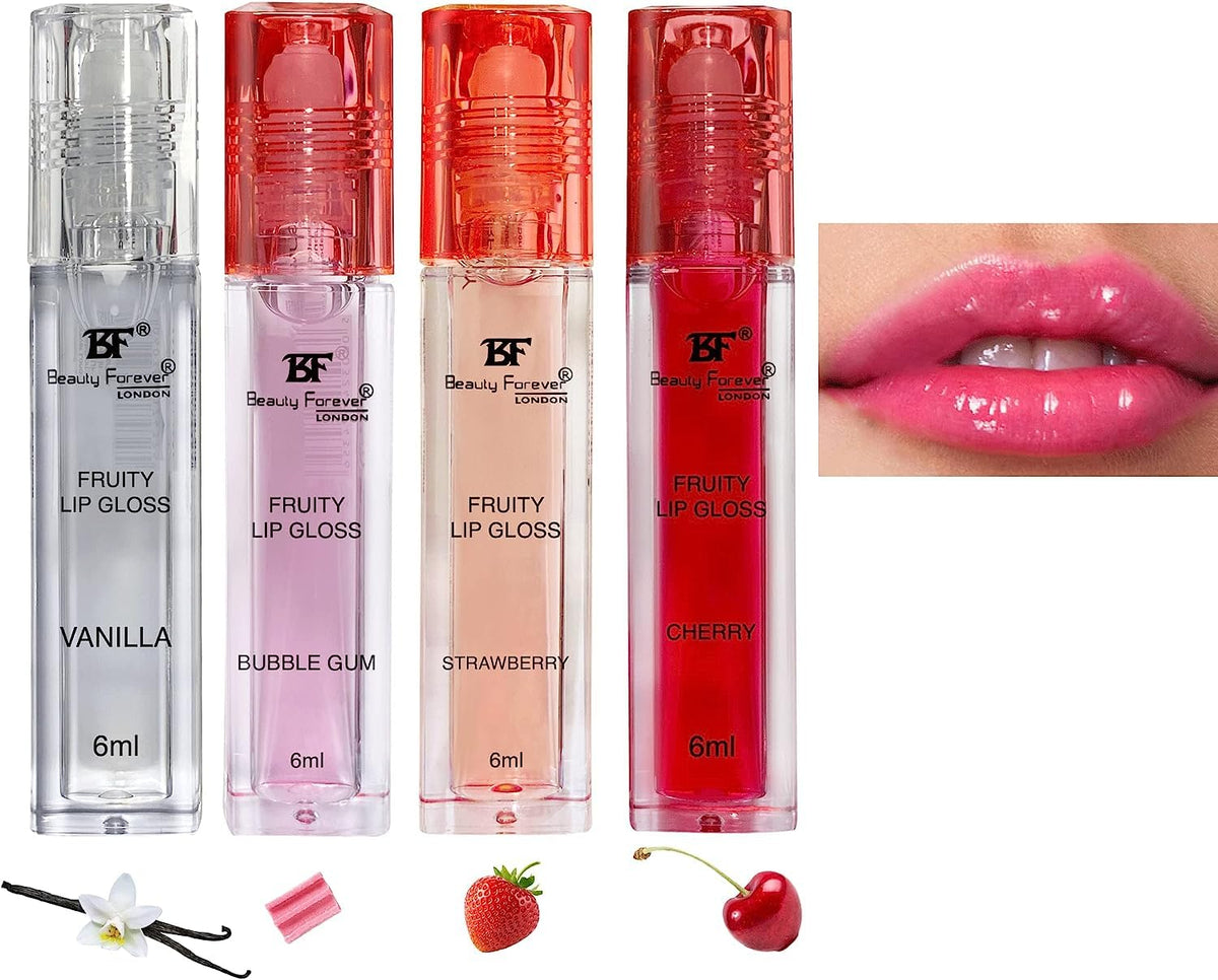 BF Beauty Forever Beauty Forever Fruity Roll on Lip Gloss, Moisturising & Hydrating, Available in 4 Flavours, 6ml each (Pack of 4)