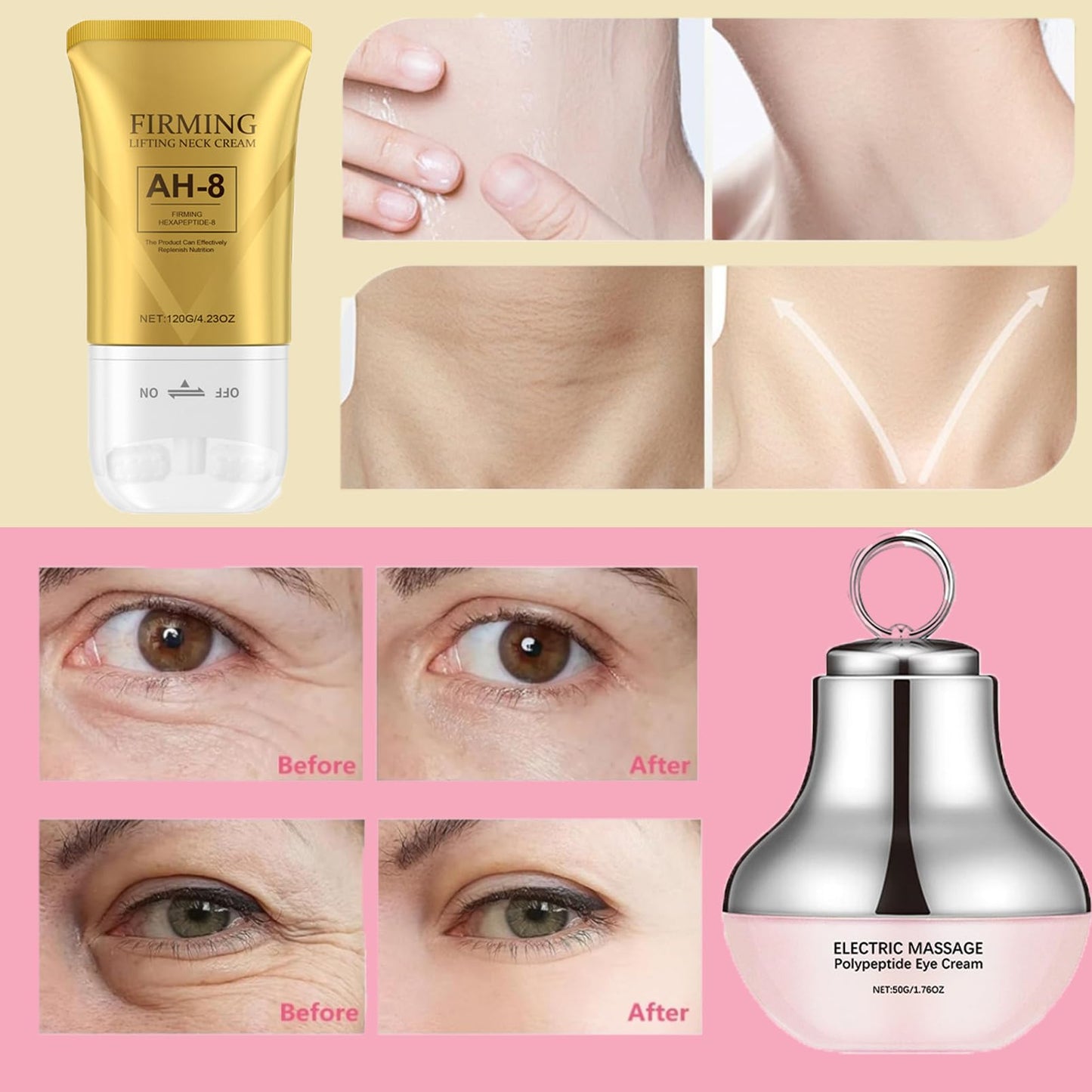 MEITREND Neck Creams for Firming Roller,AH-8 Firming Neck Cream for Sagging Skin,Neck & Eye Care Set,Eye Cream for Dark Circle and Puffy Eye,Tightening & Reduce Double Chin,Skin Tightening Cream Body