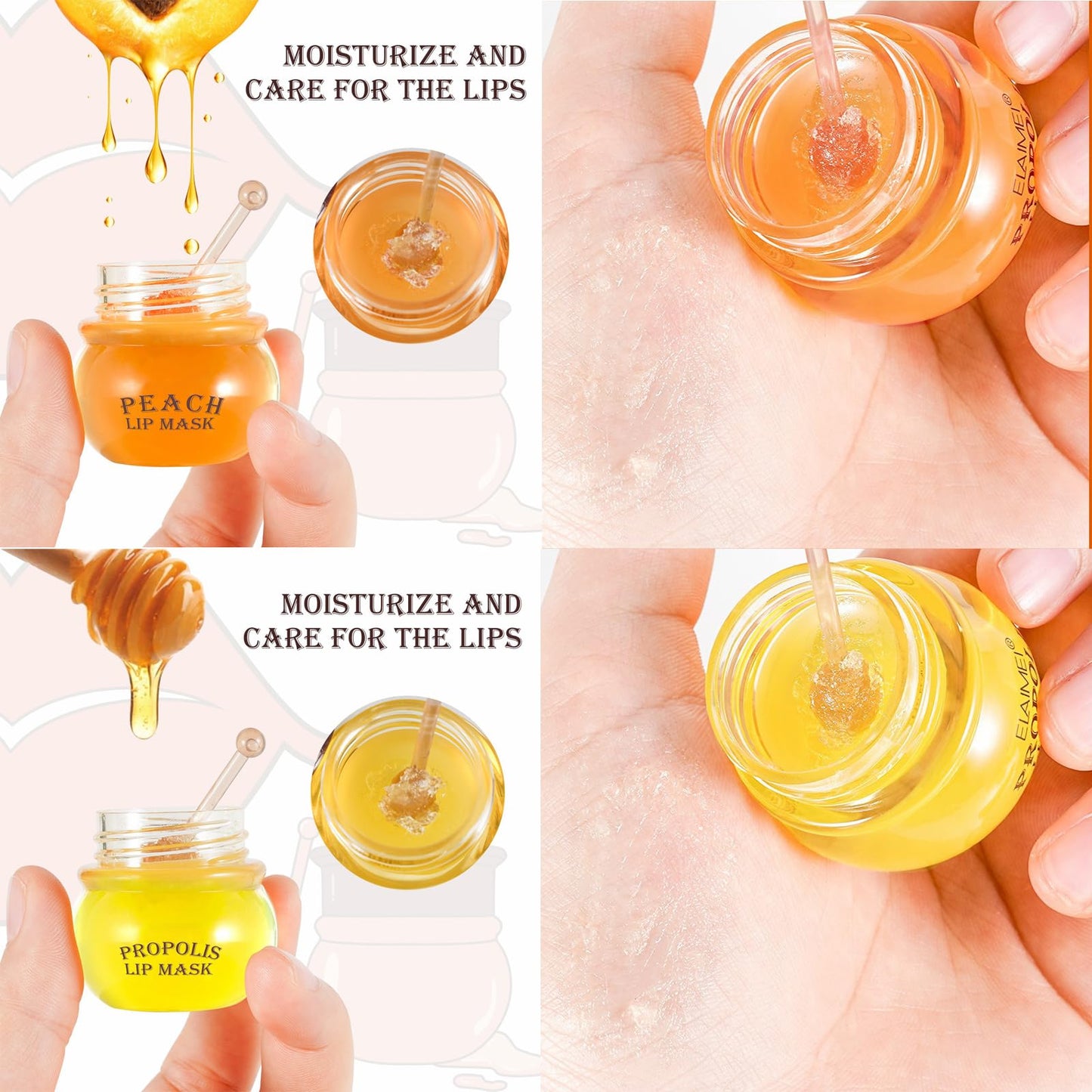 GEEWHILE Lip Sleeping Mask Moisturizing Lip Mask Skincare Lip Balm Set, 2 Pcs Peach+Honey Bee Balm Lip Mask for Day&Night Lip Care, Lighten Dark Lip Color Reduce Lip Lines, Repair,Prevent Dry Crack