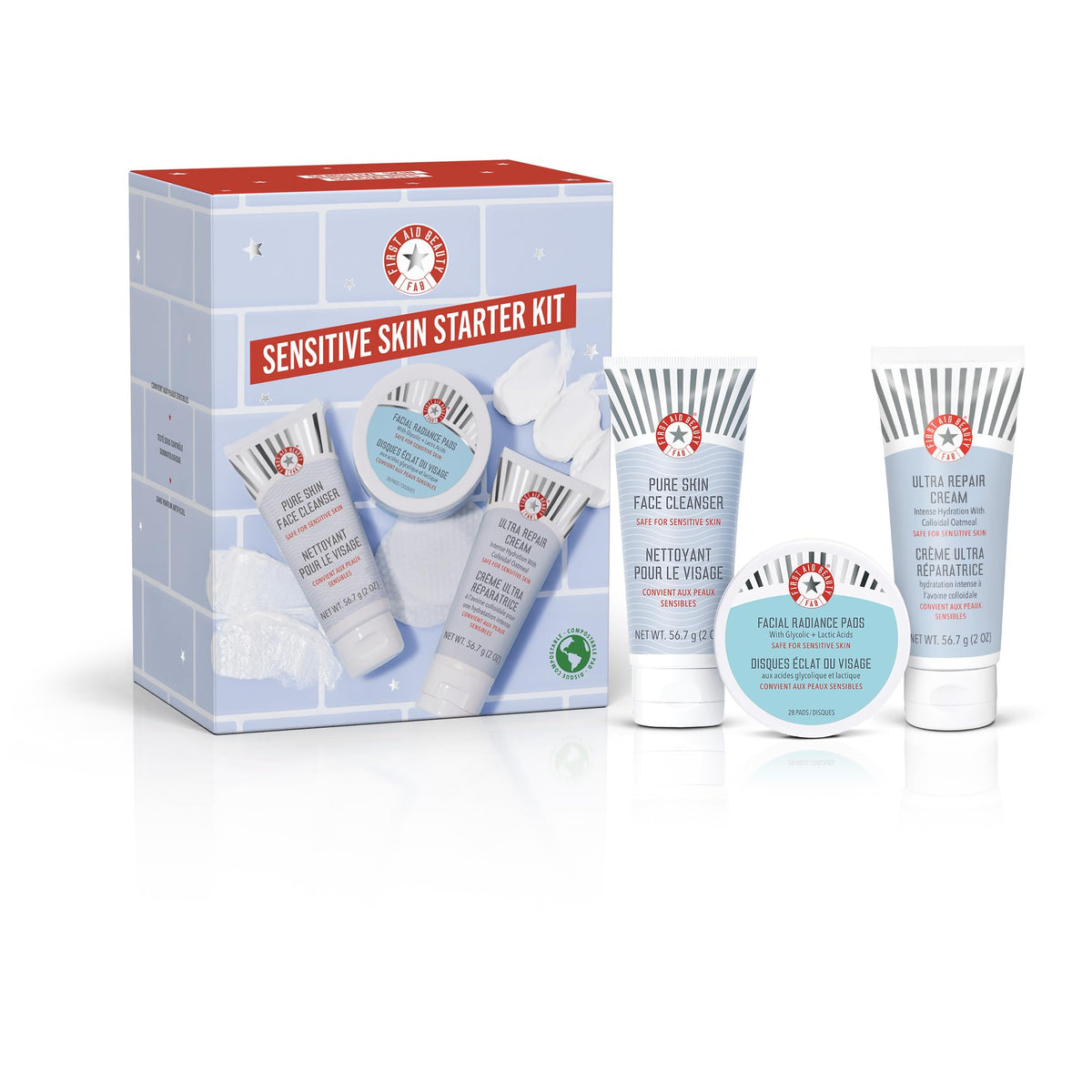 FIRST AID BEAUTY First Aid Beauty Sensitive Skin Starter Set – 3 Safe for Sensitive Skin Products – Facial Radiance Exfoliating Pads, Pure Skin Face Cleanser + Ultra Repair Cream Moisturiser