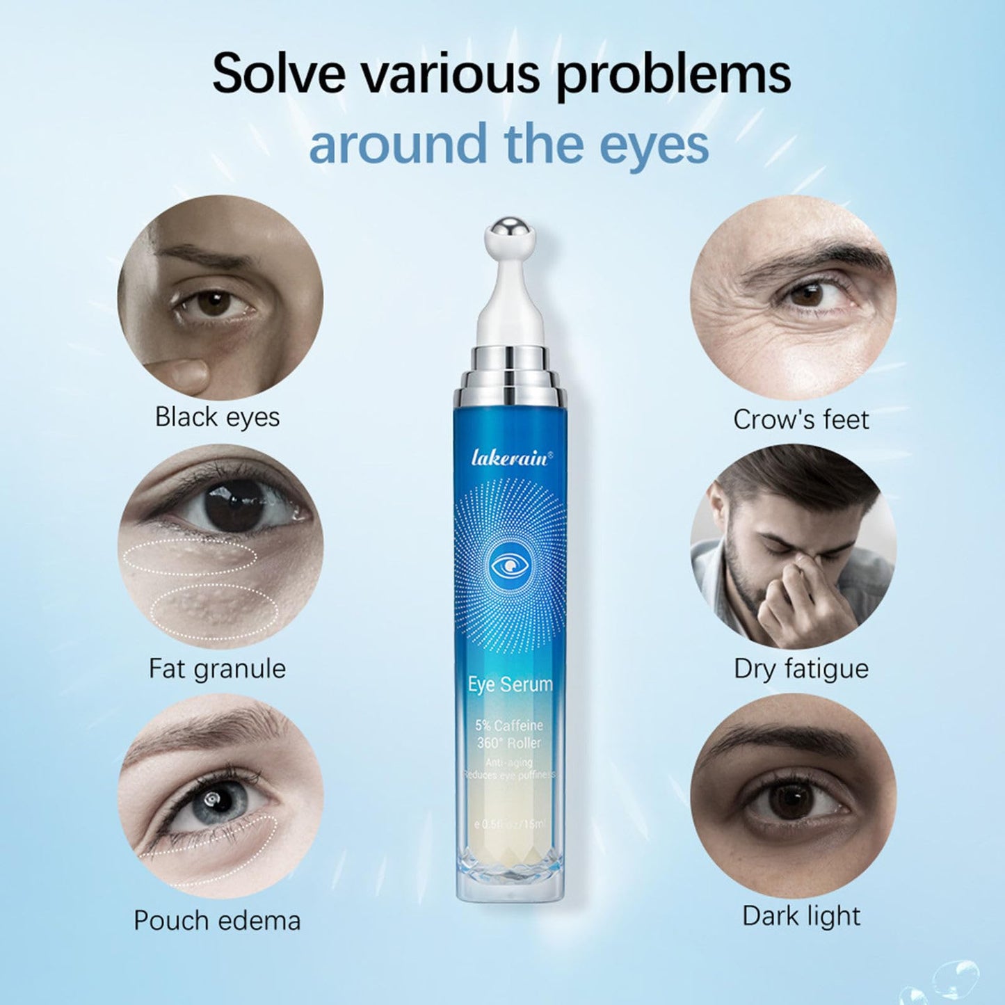 Grospe 5% Caffeine Eye Serum for Dark Circles and Puffy Eyes with 360° Massage Ball Reduces Fine Lines Anti-Wrinkle Firming Eye Serum 15ml