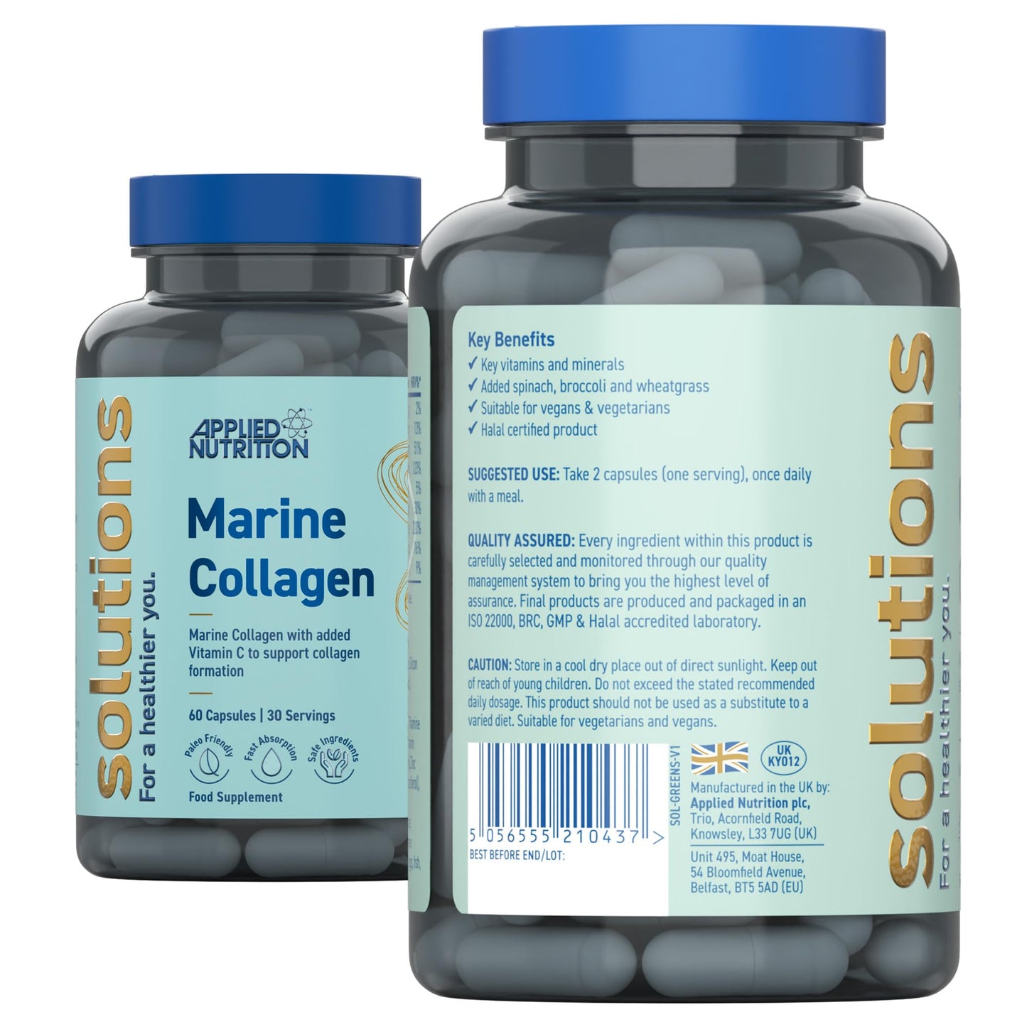 Applied Nutrition - Solutions - Marine Collagen - High Strength Type I Hydrolysed Collagen Capsules - Skin, Hair, Nail & Joint Support - 60 Capsules - 30 Servings