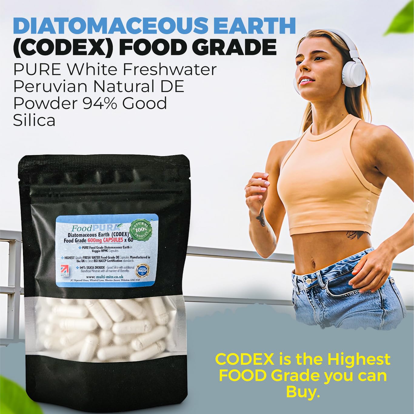 FoodPURA Food Grade Diatomaceous Earth Capsules (Codex) Pure White 94% Silica Fresh Water Sourced 600mg (60)