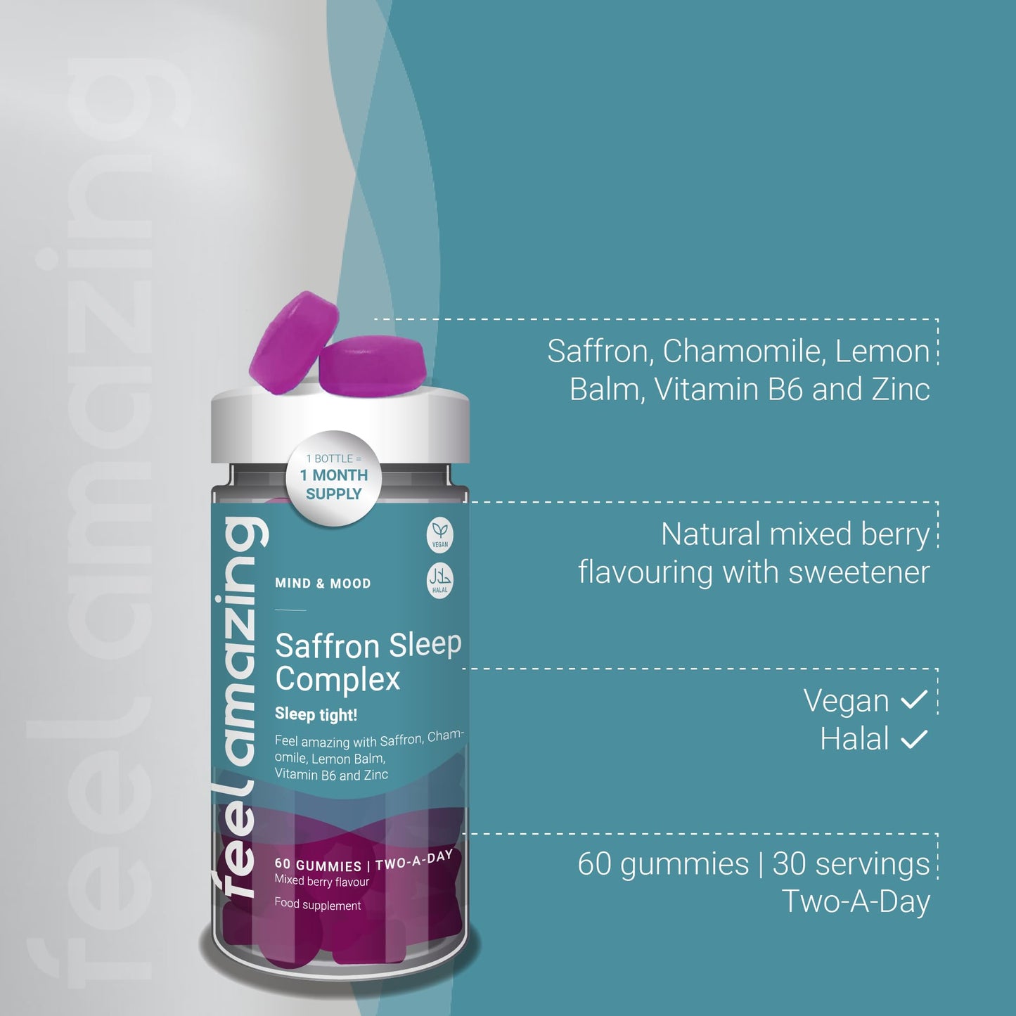 Feel Amazing Saffron Sleep Complex Gummies - Natural Sleep Aid with Lemon Balm, Chamomile, Zinc & Vitamin B6 - Vegan, Halal - Mixed Berry Flavour, 60 Gummies, 30-Day Supply (1)