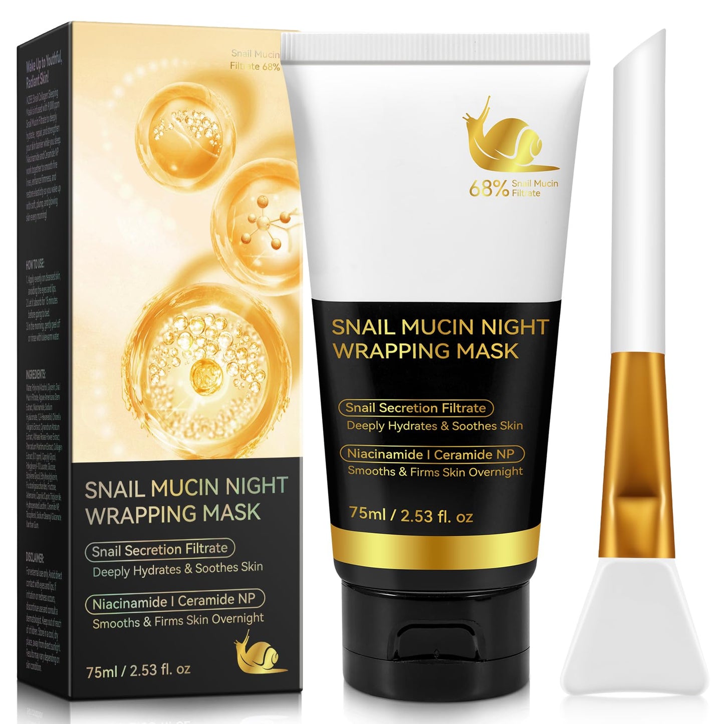 Dvoevivh Collagen Night Wrapping Mask Snail Mucin Korean Skincare Collagen Face Mask Overnight No-rinse Facial Overnight Sleeping Mask Hydration Reduces Wrinkle Improves Skin Elasticity 75ml (Brush Included)