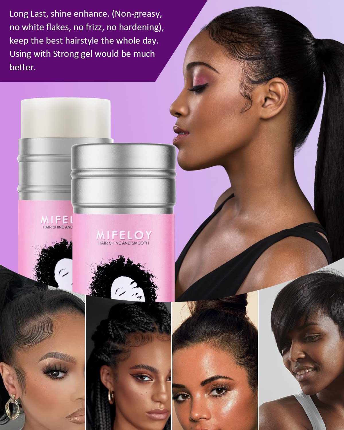 Mifeloy 75g Hair Wax Stick, Pomade Tamer for Smoothing Flyaways Control Taming Frizz Hair, Styling Cream Gel, Women Slick Back Glue, Bed Head Waxes, Satin Edge Laying Scarf, Duckbill Clips - Black