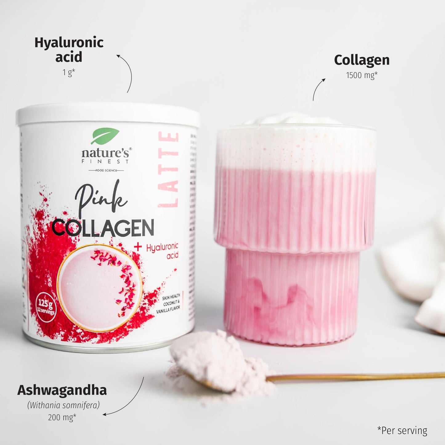 Nature's Finest by Nutrisslim PINK LATTE with Collagen and Hyaluronic Acid 125 g | Coconut and vanilla flavored drink, lactose and sugar free (1)