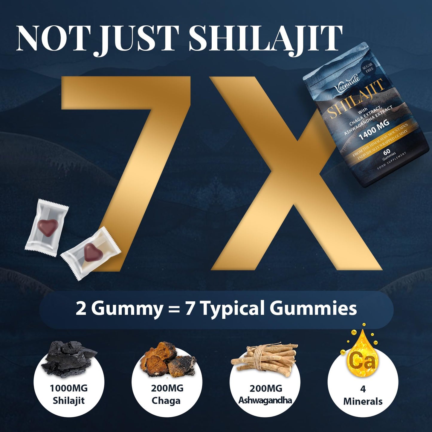 Veenuule 1400MG Shilajit Gummies, Pure High Strength Himalayan Shilajit Gummies with Chaga & Ashwagandha, Shilajit Gummies for Men & Women, 85+ Trace Minerals & Fulvic Acid, Zero Sugar, 60 Gummies