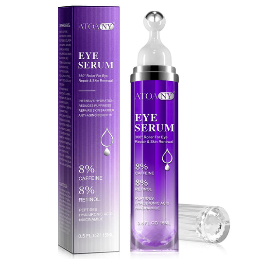 CiAIplw Eye Serum with 8% Caffeine 8% Retinol Hyaluronic Acid Niacinamide Peptides for Puffy Eye Bags Dark Circles Wrinkles and Fine Lines, Anti Aging, Under Eye Cream with 360° Eye Roller Massage Ball, 15ml