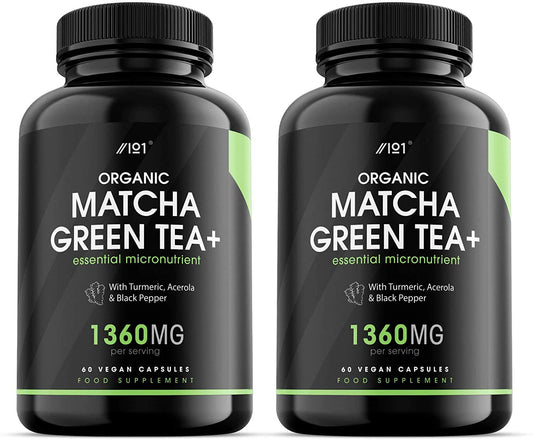 Organic Matcha Green Tea Extract 1360mg - Boosted with Turmeric, Acerola & Black Pepper - 180 Vegan Capsules - Resealable and Recyclable Pouch - by Alpha01
