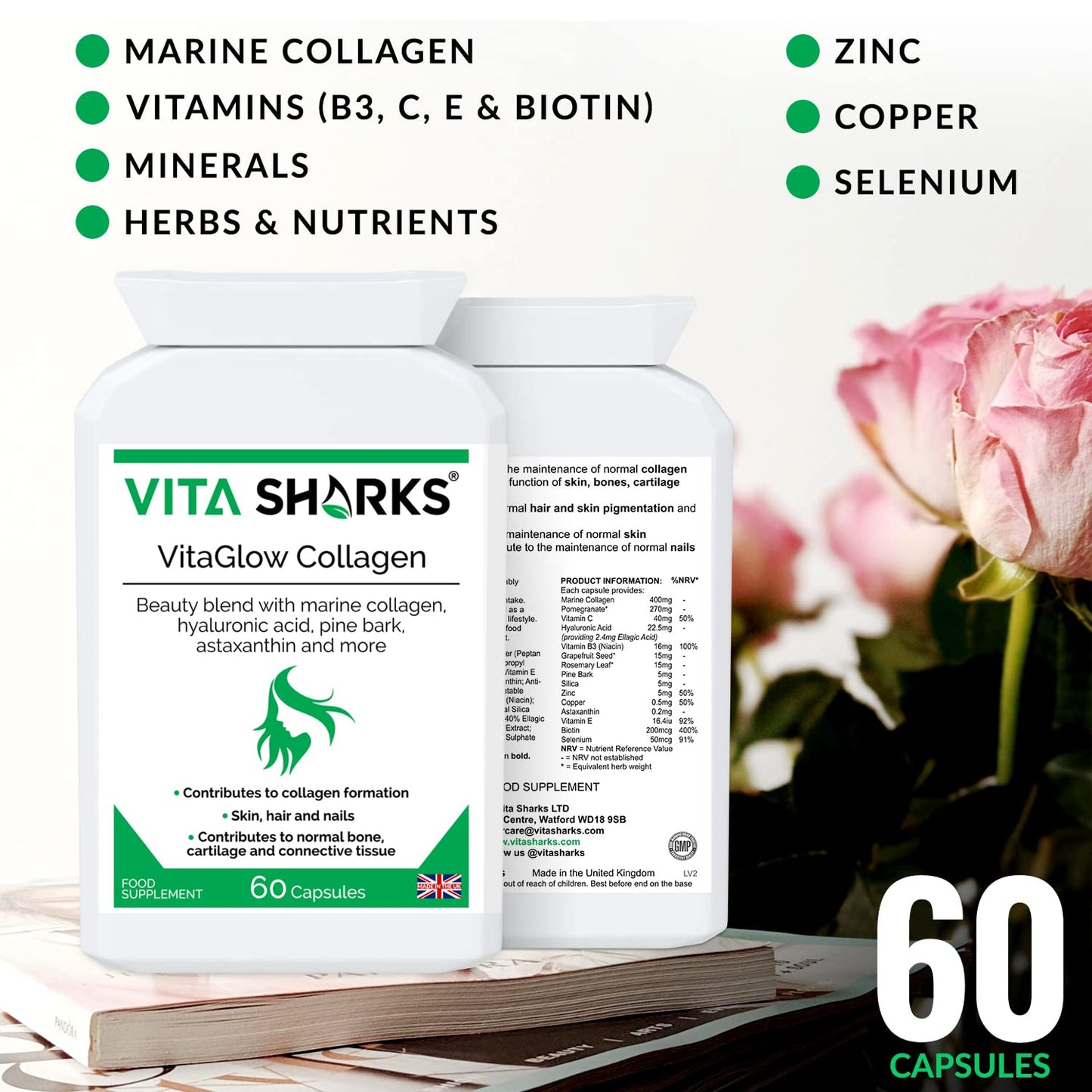 VitaGlow Collagen - Anti-Ageing Tablets with Biotin for Beautiful & Youthful, Glowing Skin, Hair, Nails, Strong Bones & Connective Tissues with Vitamin C & B3 (Contains Marine Collagen)