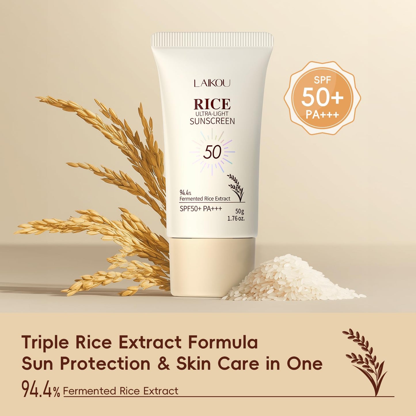 LAIKOU Rice Sunscreen SPF 50 PA+++, Ultra-Light Face & Body Sun Cream with Niacinamide & Hyaluronic Acid, Lightweight, Non-Greasy Moisturiser for All Skin Types, UVA/UVB Protection, 50g (Pack of 2)