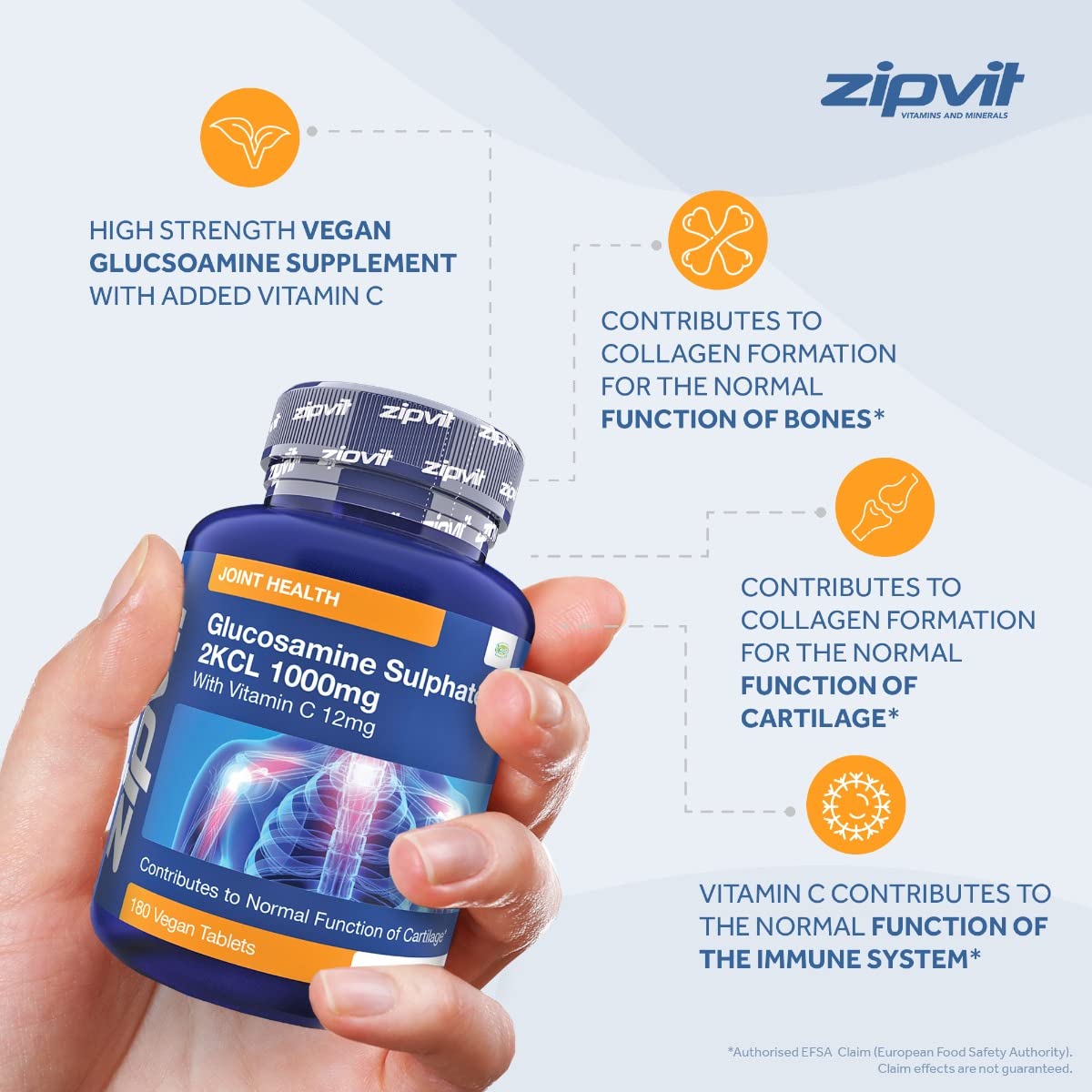 Glucosamine 2kcl 1000mg with Vitamin C, 180 Vegan Glucosamine Sulphate Tablets. Maintains Normal Joint Cartilage. 6 Months Supply, UK Manufactured Glucosamine Sulphate 1000mg.