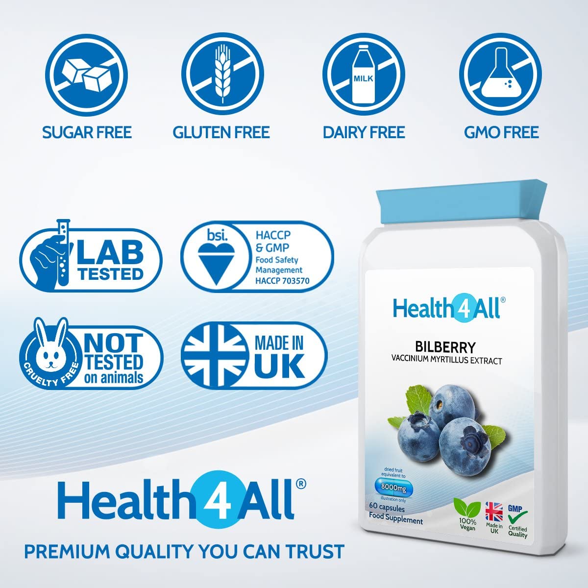Bilberry Strong Extract 8,000mg 120 Capsules (V) Vegan Capsules (not Tablets). Antioxidant for Eyesight. Made in The UK by Health4All.
