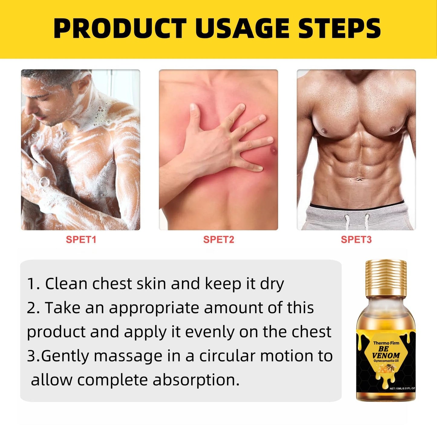 CiLiHai Therm/ofirm Be/e Ven/om Gyneco/mastia Oil,Men's Chest Muscle Oil with Tightening Formula,Gyneco/mastia Heating Oi/l for Strengthening Chest Muscles,Che/st Mus/cle O/il for Body Build & Firming