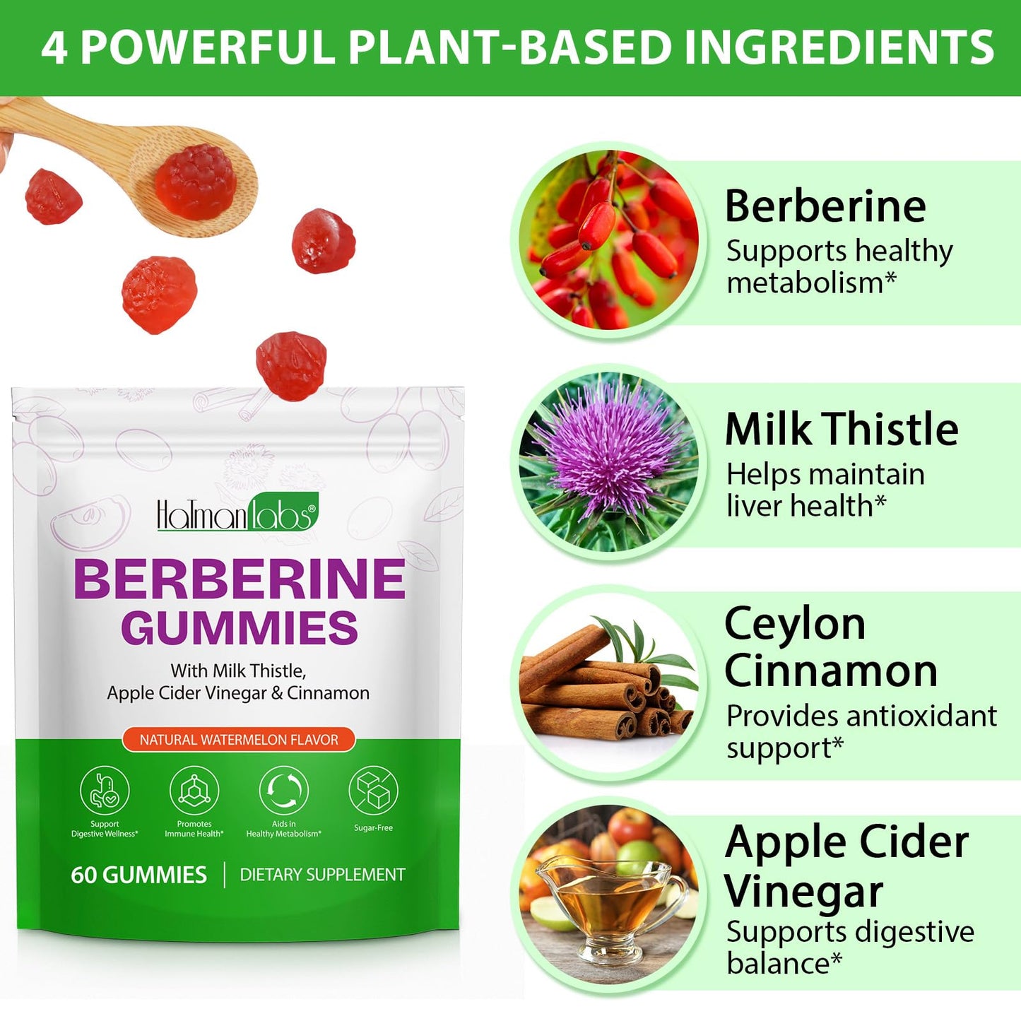 VOSIFSDIY Berberine Gummies with Ceylon Cinnmon, Berberine Supplement for Digestive Health, Immune System, Aid Overall Health & Vitality, 60p