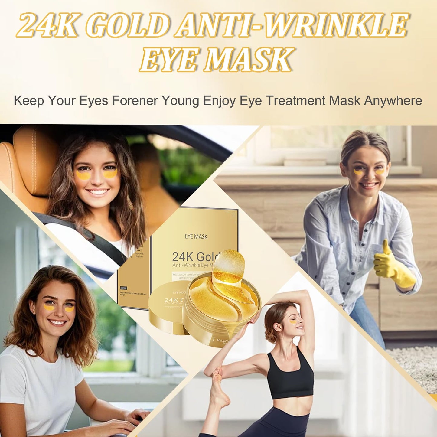 Ledeak 24K Gold Eye Mask, 60 Pcs Hydrating Under Eye Patches for Women Men, Anti Wrinkle Under Eye Gel Patches, Eye Gel Pads Skincare Set for Reduce Puffy and Dark Circles