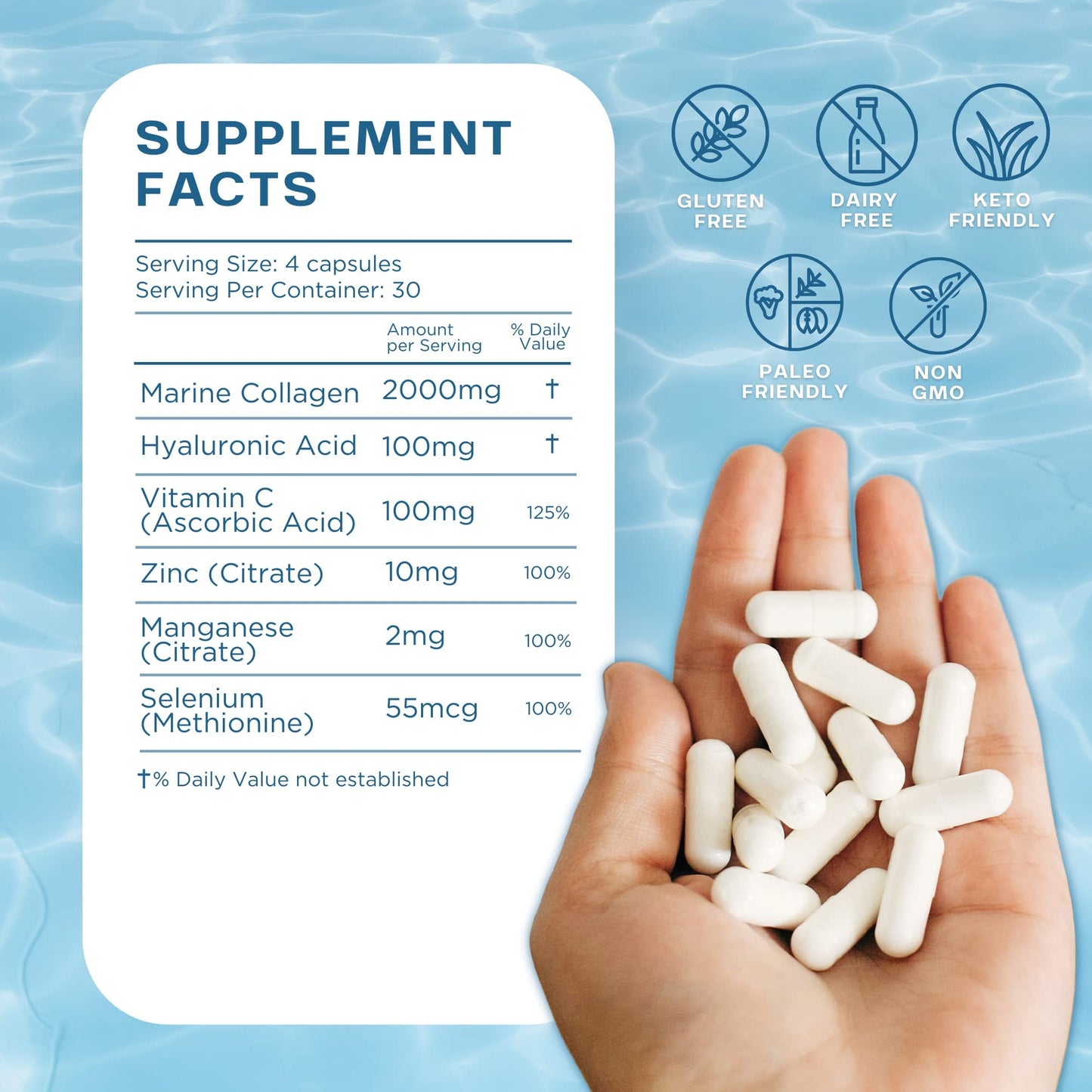 CORREXIKO Marine Collagen Pills, High Strength 2200mg Anti-Ageing Tablets (Canadian Wild-Caught Fish, not farmed) Hyaluronic Acid, VIT C & Minerals, for Skin Hair Nails Bones & Joints – Women & Men