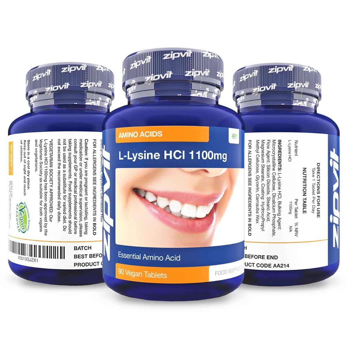 Zipvit L-Lysine 1100mg Tablets. High Strength Essential Amino Acid, Vegan and Vegetarian, 90 Tablets, 3 Months Supply